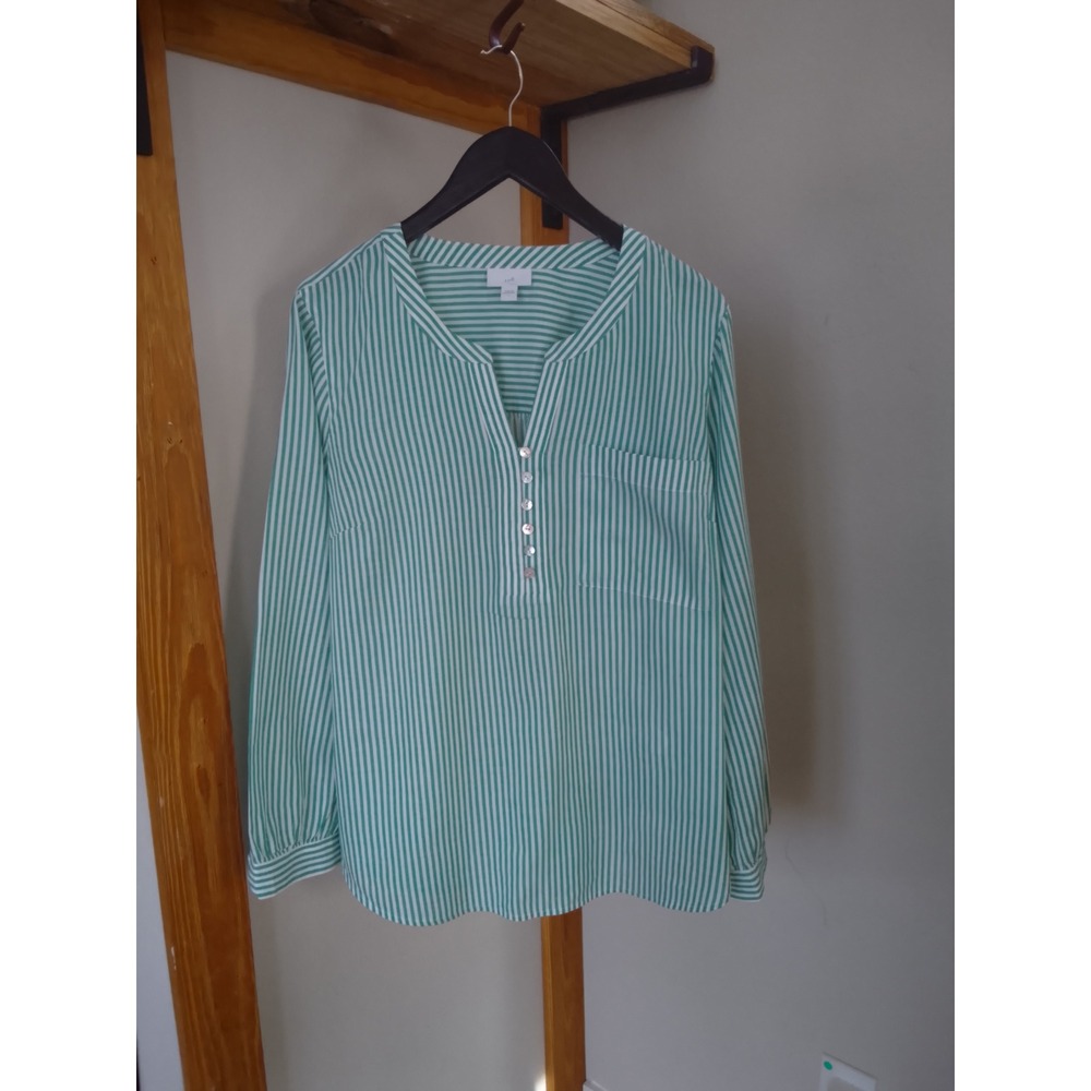 J. Jill Womens Green White Striped Split Neck Button Front Tunic Top Size L